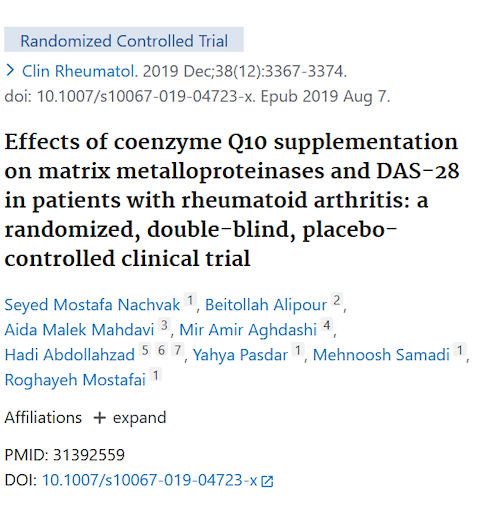 Een paar dagen geleden schreven we over een recent onderzoek waarin suppletie met 100 milligram Q10 per dag de kwaliteit van leven bij patienten met jeugdreuma fors verbeterde. Vandaag lazen we een al wat ouder onderzoek waarin ook patienten met de volwassen vorm van reuma baat hebben bij Q10.