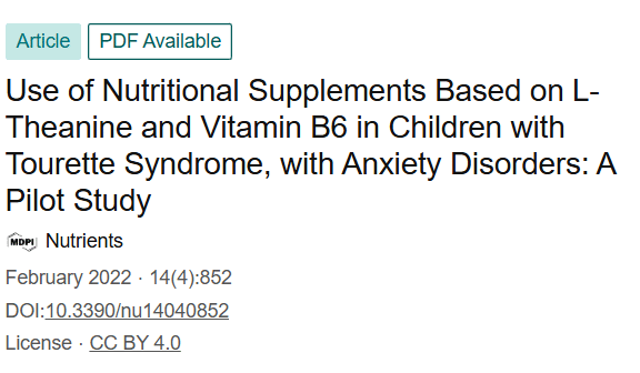 Mensen met het syndroom van Tourette hebben fors minder last van hun tics als ze dagelijks een supplement met L-theanine en vitamine B6 innemen. Dat blijkt uit een kleine Italiaanse trial die in 2022 verscheen in Nutrients.